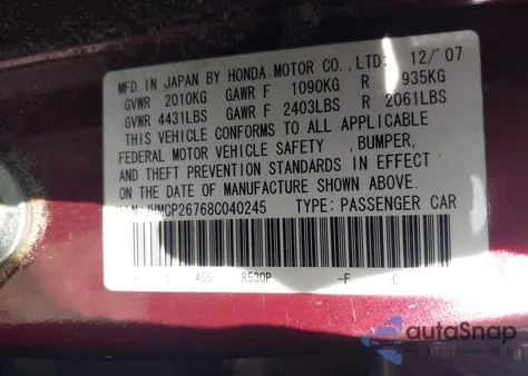 2008 Honda Accord 2.4 Ex z USA, uszkodzony, nr VIN JHMCP26768C040245